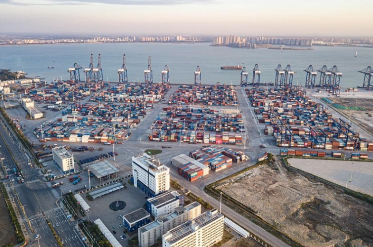 An aerial drone photo taken on Nov. 21, 2025 shows a view of the Yangpu International Container Port in Yangpu Economic Development Zone, south China's Hainan Province. (Photo/Xinhua)